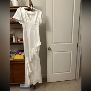 Lulus Eternal Bond White Satin Ruffled Flutter Sleeve Maxi Dress
